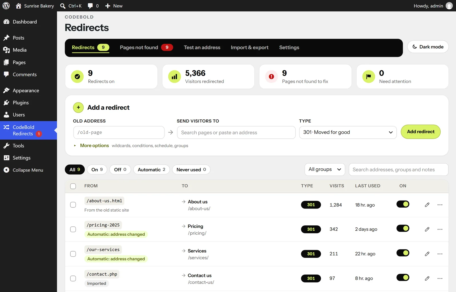 The Redirects screen in WordPress, listing rules for a demo shop with their type, target and hit count.