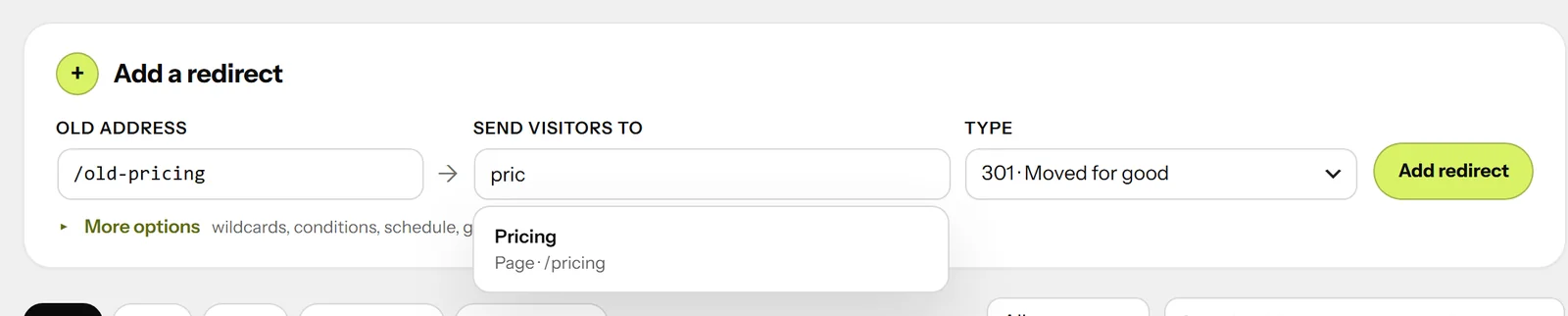 The Add a redirect form with /old-pricing typed as the old address and the Pricing page suggested in the page search.