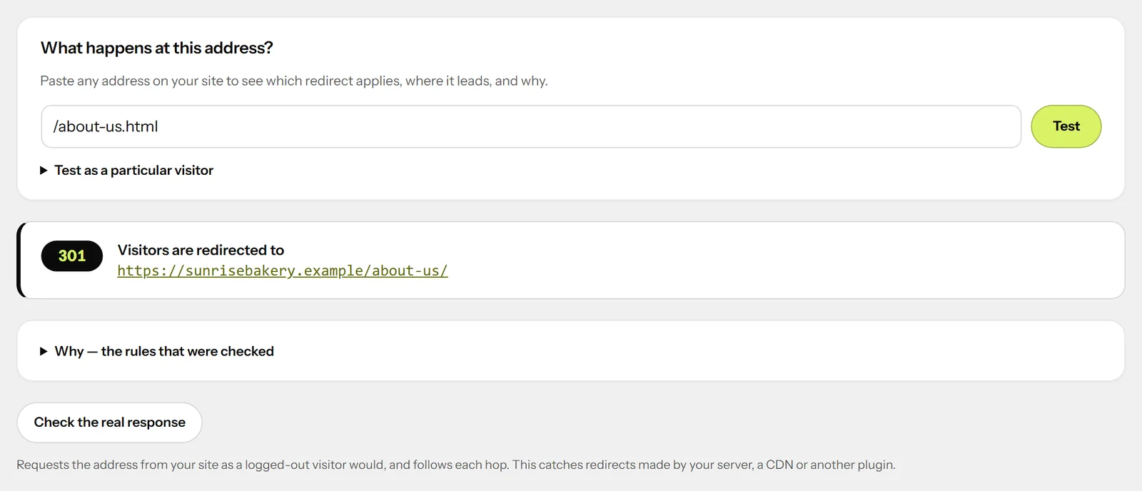 Test an address showing that /about-us.html answers 301 and visitors are redirected to the About us page.