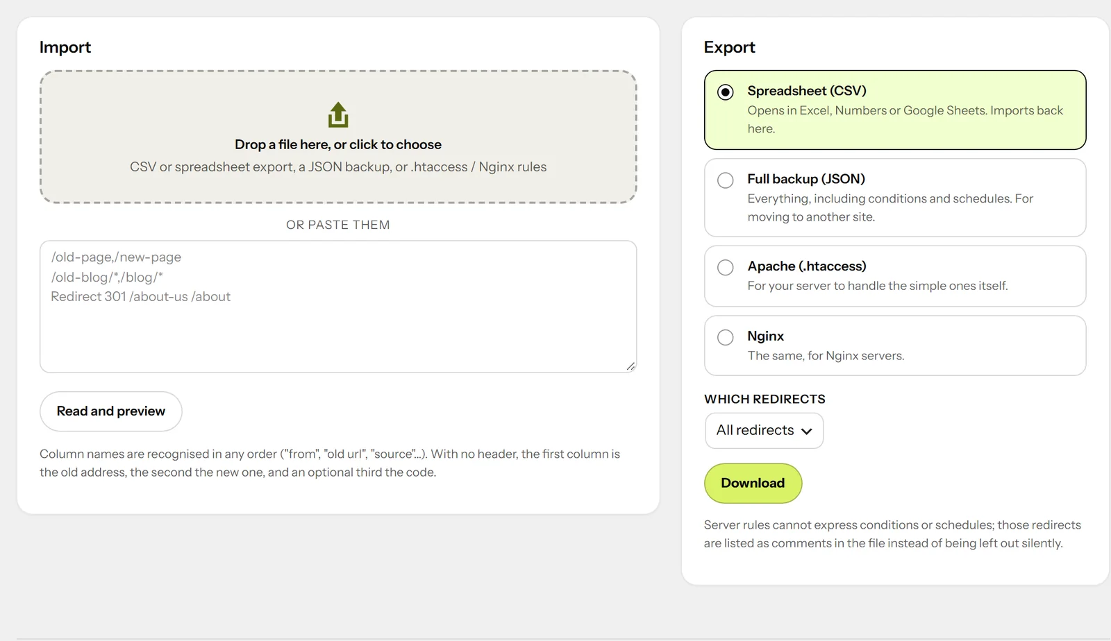 The Import and export tab: a drop zone for files, a box to paste addresses, and export formats CSV, JSON, Apache and Nginx.