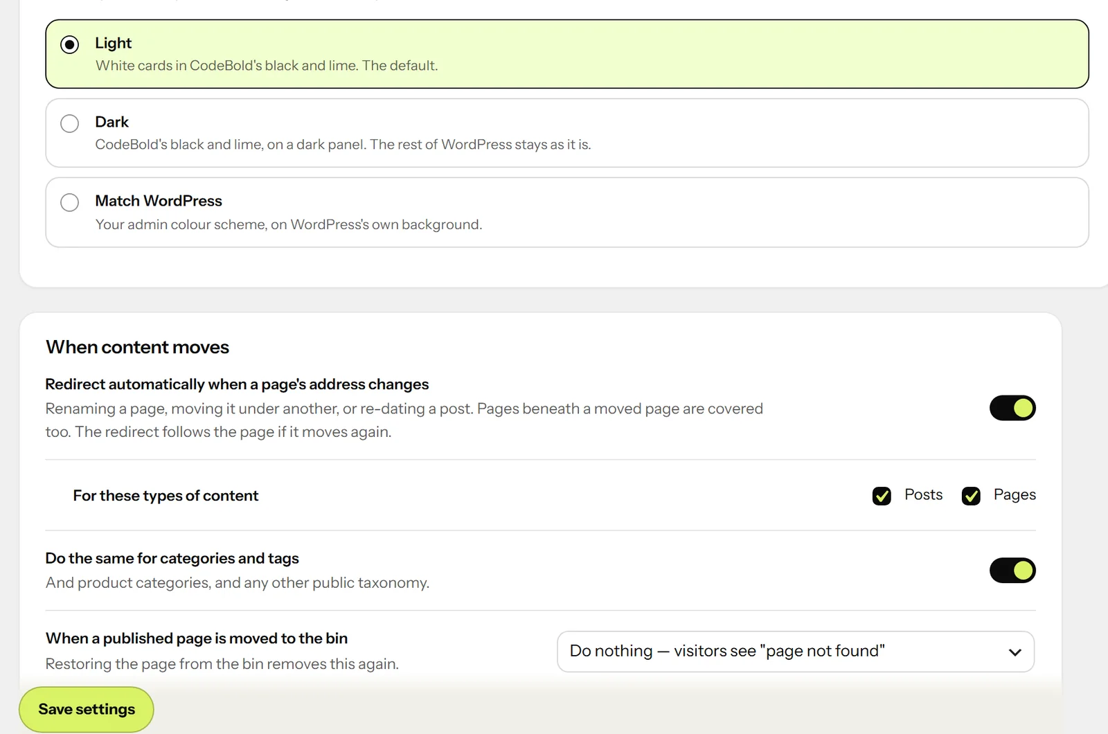 The Settings tab: Appearance with Light, Dark and Match WordPress, and the When content moves settings.