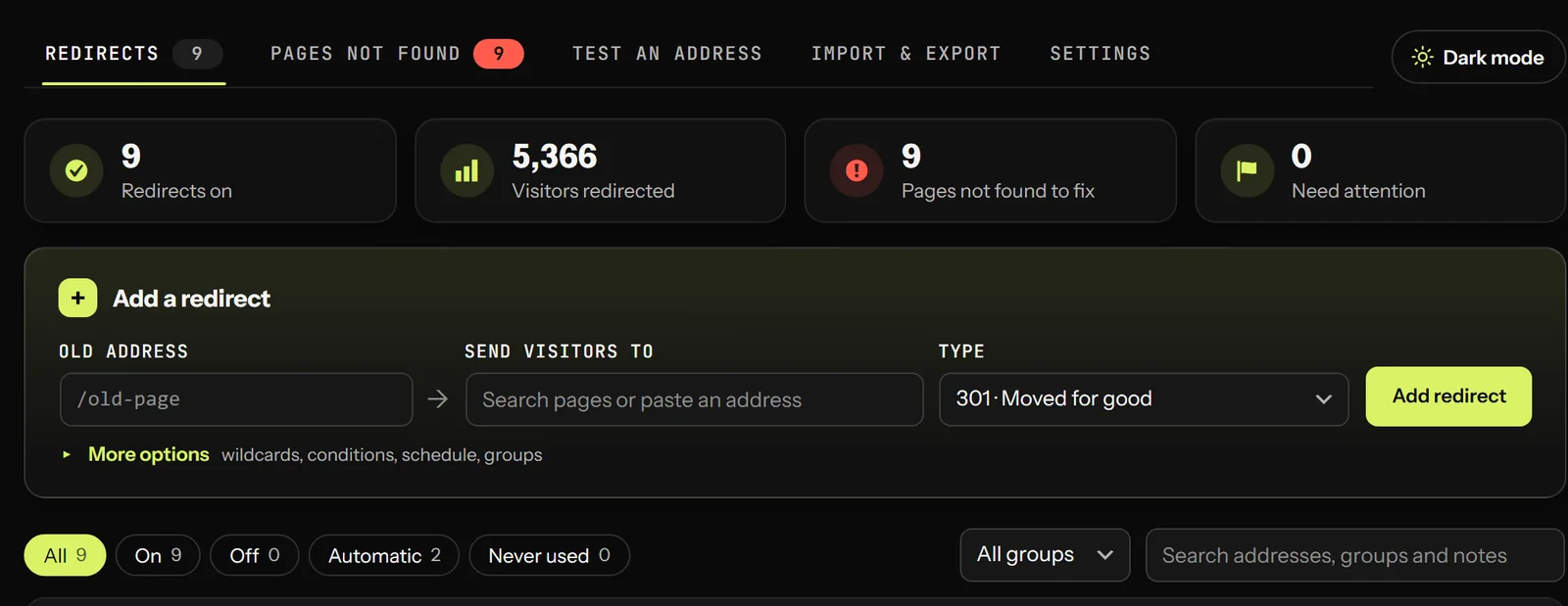 The same Redirects screen in dark mode, with the list and toolbar on a dark background.