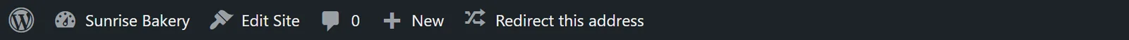 The WordPress admin bar on a missing page, showing Redirect this address.